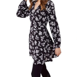 Loft Black Women's White Floral Print Long Sleeve V-Neck True Wrap Dress Size 10